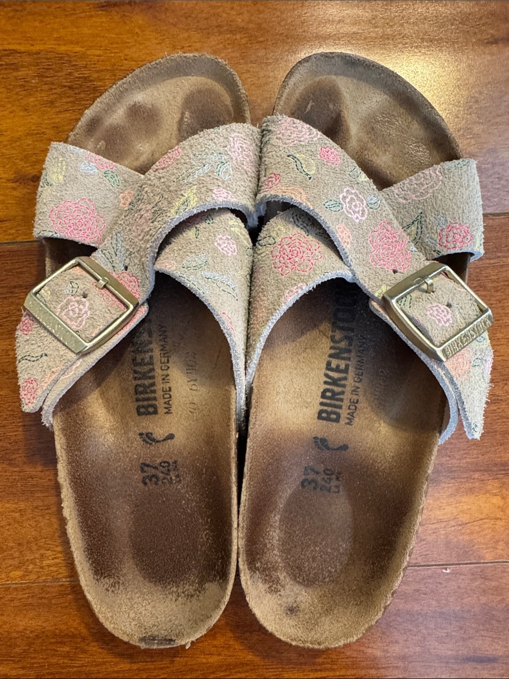 Birkenstock Women's Taupe Suede Embroidered Floral Buckle Sandals